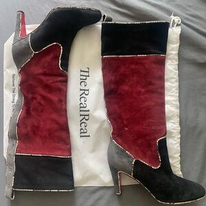 Christian Louboutin Black and Red Suede Heeled Boots